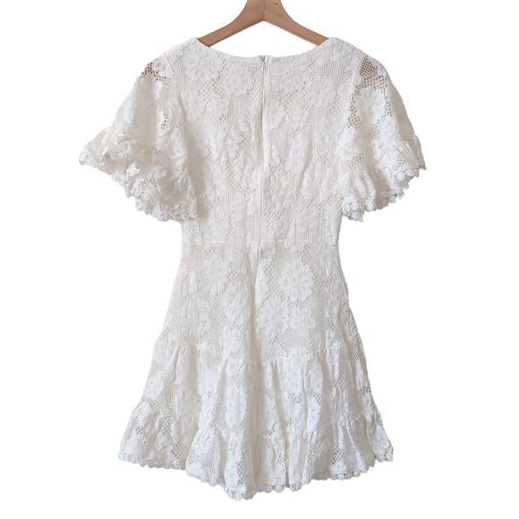 Indikah Dress XS Lace Crochet White Mini Bell Flutter Sleeve V-Neck Party Event - Picture 3 of 9